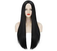 LIKPOJA Perruques longues et raides pour femme Addams Family Morticia pour Halloween, cosplay, fête (noir C)