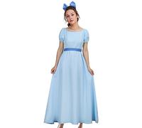 LIKUNGOU Déguisement de Wendy Costume Robe Bleue pour Femme Maxi Princesse Cosplay Tenue Noeud Ceinture Halloween Accessoires (XS)
