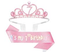 Lilbitty Ensemble de Couronne d'anniversaire Rose pour Filles avec diadème et écharpe - Couronne de Princesse pour Le 7ème Anniversaire, idéal pour fête et célébration