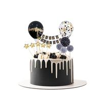 Lilbitty Lot de 12 décorations de gâteau d'anniversaire pour garçon - Noir et doré - Éventails en papier - Étoiles