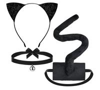 Lilbitty Lot de 3 serre-tête avec oreilles de chat, queue de chat et clochette, noir, costume pour femme, costume de chat pour enfant, accessoire de cosplay pour Halloween et carnaval