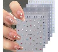 Lilbitty Lot de 6 autocollants étoiles pour ongles, paillettes 3D, or brillant, argent, blanc, noir, autocollants de design pour nail art, autocollants adhésifs