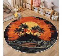 L'Île du Coucher du Soleil Tapis Rond 130 Cm Douce Tapis Circulaire Convient pour Le Salon, La Chambre, Cuisine, Bureau, Couloir Palmiers Tropicaux Antidérapant Lavable (Couleur Orange)