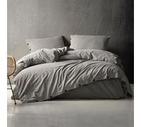 LILENSE - Ensemble de housse de couette en coton 100 % lavé teint en fil, rayé 3 pièces avec taies d'oreiller, fermeture à boutons (gris)