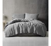 LILENSE - Ensemble de housse de couette en coton 100 % lavé teinté en fil, rayé 3 pièces avec taies d'oreiller, fermeture à boutons (Anthracite)