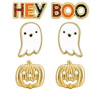 LILIE&WHITE Boucles d'Oreilles Femme Or Puces Halloween Fantôme Citrouille Hey/Boo Couleur Lot 3 Paires Hypoallergéniques Sans Nickel Anti-Ternissement Design Émaillé Idée Cadeau
