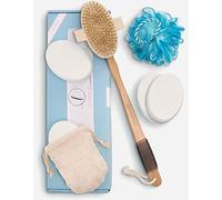 LILIENFELDT - 7 en 1 Kit de Brosses pour le Dos avec Long Manche Bois, Brosse Corps à Sec, Applicateur Crème 4 Coussinets et Fleur Douche Anti Cellulite Small set, (Pure Set)