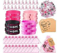 Liliful Lot de 130 articles de sensibilisation au cancer du sein comprenant un bracelet de sensibilisation au cancer du sein, des autocollants et des décalcomanies en ruban rose, des épingles à ruban
