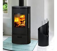LILIIN Serviteur de cheminée moderne en acier inoxydable - 4 pièces - Avec balai, pelle, tisonnier, pince et support avec brise-vue - Noir
