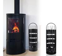 LILIIN Serviteur de cheminée moderne en acier inoxydable 5 pièces avec balai, pelle, tisonnier, pince et support avec brise-vue, noir