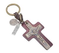 Lilinzhi Porte-clés religieux fait à la main en cuir synthétique avec pendentif crucifix complexe pour voiture, Poudre bronzante à café noir, taille unique