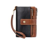 Lilinzhi Portefeuille à trois volets en cuir pour femme avec dragonne et porte-cartes de crédit à trois volets, noir/marron