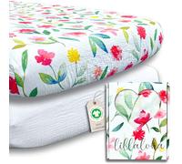 Lillaloha Lot 2 Draps Housse Bébé 60x120 cm 100% Gaze de Coton Bio GOTS | Motif Fleurs de Printemps, peaux sensibles, respirant, adaptable lit parapluie, coffret cadeau naissance