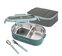 Lille Home 850ML en acier inoxydable Fuite à 2 compartiments Bento Boîte à lunch/Portion Control Continer Food avec sac à lunch et couverts, BPA gratuit (Vert)