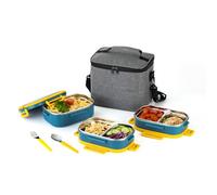 Lille Home Boîte à déjeuner Bento à 3 niveaux en acier inoxydable, 2,45 L, étanche, avec 5 compartiments pour adultes et enfants (Bleu)