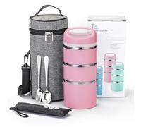 Lille Home Boîte à déjeuner/collation isotherme empilable en acier inoxydable à 3 niveaux avec sac à déjeuner, et 3 joints supplémentaires, 1,38 l, rose