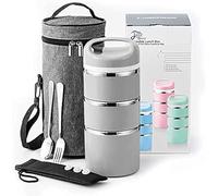 Lille Home Boîte à déjeuner/collation isotherme empilable en acier inoxydable à 3 niveaux avec sac à déjeuner, et 3 joints supplémentaires, 1,38 l (gris)
