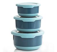 Lille Home Lot de 3 boîtes repas Bento en acier inoxydable de qualité supérieure avec extérieur antidérapant, 420 ml, 730 ml, 1,2 L, anti-fuite, sans BPA, contrôle des portions (bleu)