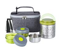 Lille Home Lunch Box Set 1065ml, Boîte à Bento/Snack Isotherme sous Vide pour Garder Les Aliments Au Chaud, avec 2 Récipients Alimentaires, Sac à Lunch, Ensemble de Couverts (Vert)