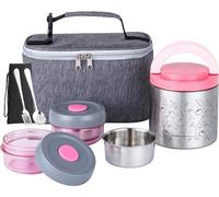 Lille Home Lunch Box Set 1065ml, Boîte à Bento/Snack Isotherme sous Vide pour Garder Les Aliments Au Chaud, avec 2 Récipients Alimentaires, Sac à Lunch, Ensemble de Couverts (Rose)