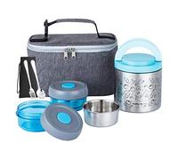 Lille Home Lunch Box Set 1065ml, Boîte à Bento/Snack Isotherme sous Vide pour Garder Les Aliments Au Chaud, avec 2 Récipients Alimentaires, Sac à Lunch, Ensemble de Couverts (Bleu)