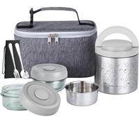 Lille Home Lunch Box Set 1065ml, Boîte à Bento/Snack Isotherme sous Vide pour Garder Les Aliments Au Chaud, avec 2 Récipients Alimentaires, Sac à Lunch, Ensemble de Couverts (gris)