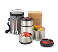 Lille Home Thermos alimentaire isotherme de 1500 ml, empilable, en acier inoxydable, boîte à déjeuner/collation, récipient à 2 niveaux avec sac à déjeuner (Red)