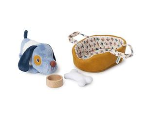 LILLIPUTIENS, Jules et Son Panier, Peluche Chien, Dès 12 Mois | Jeu d’Imitation avec Peluche, Panier, Os en Tissu, Gamelle en Bois et Gilet Amovible, Museau Aimanté