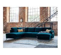 Lilly - Canapé panoramique d'angle gauche - 7 places - convertible avec coffre - en velours - Bleu canard