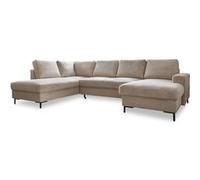 Lilly - Canapé panoramique d'angle gauche - 7 places - convertible avec coffre - en velours côtelé - Beige