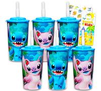 Lilo and Stitch Lot de 6 gobelets réutilisables de 473,6 g pour enfants - Tasse de 473,6 g, avec couvercle et paille, autocollants pour garçons et filles - Gobelet Stitch avec paille