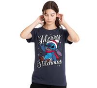 Lilo and Stitch Merry Stitchmas T-Shirt pour Femme avec Bonnet de Père Noël, Bleu Marine foncé, Taille M, Bleu Marine foncé, M