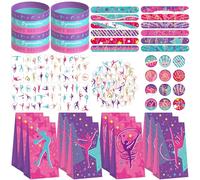 Lilwemen Gymnastique parti cadeau, gymnastique partie décoration fournitures pour votre petite gymnaste de danse, y compris sac cadeau, bracelet, bracelet en caoutchouc, autocollants, boutons