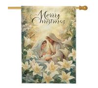 Lily House Drapeau de Noël religieux de Noël blanc double face en toile de jute décorative pour extérieur, pelouse, cour, patio, entrée 71 x 101,6 cm