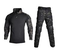 Lilychan Costumes Militaires Tactiques pour Hommes Uniformes Anti-déchirures à Manches Longues Chemise et Pantalon de Combat Genouillères (CP-Noir, XL)