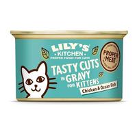 Lily's Kitchen Aliment humide naturel en boîte pour chatons, Délicieuses bouchées au poulet et poisson en sauce, recette sans céréales (24 x 85g barquettes)
