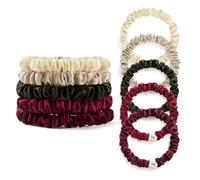 LILYSILK Lot de 5 chouchous fins 100 % soie de mûrier - Pour queue de cheval - Protection contre les frisottis - Cerise + rouge vin + vert mousse + blanc lys + or gravier (Noël)