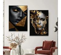 LIMAIDUO Affiche d'art abstrait visage de femme noire dorée, visage doré, impressions d'art mural, yeux féminins, lèvres, toile, décor, 80x120cmx2, sans cadre
