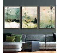 LIMAIDUO Aquarelle Nature Paysage Vert Montagne Toile Affiche Japonaise Mur Art Impression Décorative Photos Décor 40x60cmx3 Sans Cadre