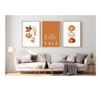 LIMAIDUO Bonjour Orange Automne Lot de 3 Art Mural Imprimable, Impression Feuilles d'Automne, Décoration d'Automne Moderne, Affiche de Citation 20x30cmx3 cadres