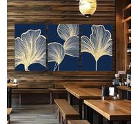 LIMAIDUO Ensemble d'art sur toile Feuille de Ginkgo - Décoration murale élégante dorée et bleu foncé, affiches de style minimaliste moderne 40x60cmx3 sans cadre