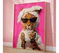 LIMAIDUO Léopard buvant du café le matin, peinture sur toile colorée, affiches et impressions d'animaux drôles modernes, décoration de maison, 60 x 80 cm, sans cadre