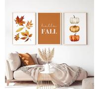 LIMAIDUO Lot de 3 affiches murales imprimables « Bonjour l'automne » orange, feuilles d'automne, aquarelle citrouille, citation d'automne, décoration de ferme (60 x 80 cm x 3, cadre intérieur)