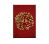LIMAIDUO Peinture sur toile représentant le symbole du double bonheur doré avec phénix et dragon, décoration de chambre animée, 60 x 90 cm, sans cadre