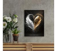 LIMAIDUO Tableau élégant en toile représentant un cœur de plumes dorées et blanches - Décoration encadrée sophistiquée pour salon, style moderne (60 x 80 cm/Cadre intérieur)