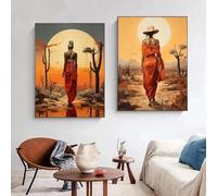 LIMAIDUO Tableau élégant représentant une femme africaine avec soleil sur toile, affiche murale, décoration pour salon, chambre à coucher, café, 80 x 120 cm, 2 cadres