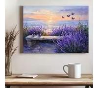 LIMAIDUO Tableau mural sur toile représentant un coucher de soleil côtier, avec des lavandes et un champ de fleurs violettes, une plage et des affiches aux tons chauds (20 x 30 cm/cadre intérieur).