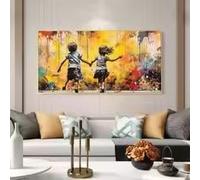 LIMAIDUO Tableau sur toile représentant un garçon et une fille se tenant la main, style graffiti, idéal pour décorer un salon, une chambre d'enfant ou toute autre pièce (80 x 150 cm, sans cadre).