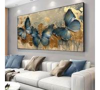 LIMAIDUO Toile décorative - Motif papillon bleu doré élégant avec des touches dorées, décoration murale moderne pour salon (70 x 140 cm, sans cadre)