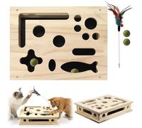 Lime à griffer pour Chat 3-en-1, boîte à Puzzle Interactive pour Chat, Grande boîte à griffer en Bois Massif avec boulettes d'herbe à Chat et plumeau Jouet